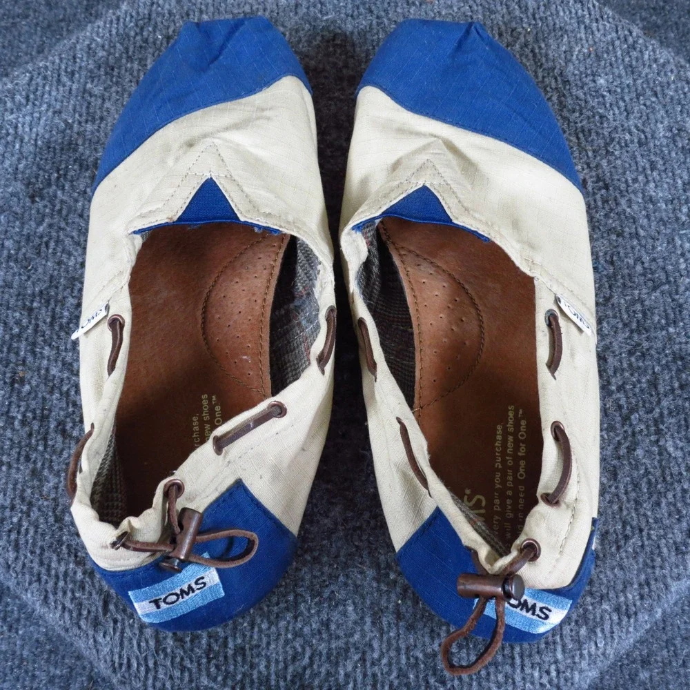 TOMS Alton Mens Boat Shoe Alpargata Size 10.5 Casual Slip On Cream Blue Canvas